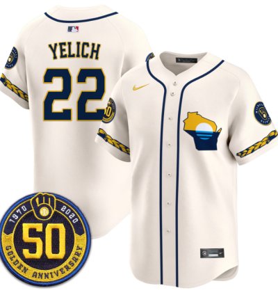 Christian Yelich Jersey 22 Milwaukee Brewers Golden 50th Anniversary Patch Stitched Cream