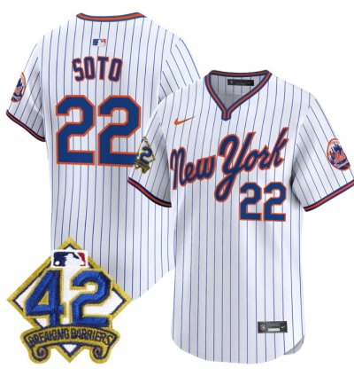 Juan Soto Jersey 22 New York Mets 2025 Jackie Robinson Patch Road Alternate Stitched Pinstripe