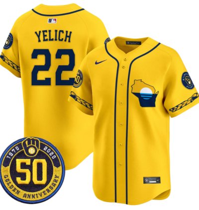 Christian Yelich Jersey 22 Milwaukee Brewers Golden 50th Anniversary Patch Stitched Gold
