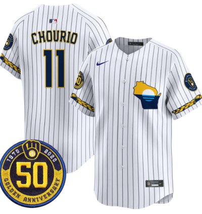 Jackson Chourio Jersey 11 Milwaukee Brewers Golden 50th Anniversary Patch Stitched Pinstripe