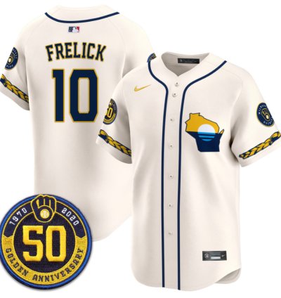 Sal Frelick Jersey 10 Milwaukee Brewers Golden 50th Anniversary Patch Stitched Cream