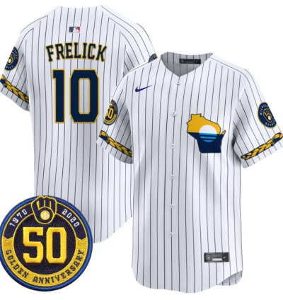 Sal Frelick Jersey 10 Milwaukee Brewers Golden 50th Anniversary Patch Stitched Pinstripe