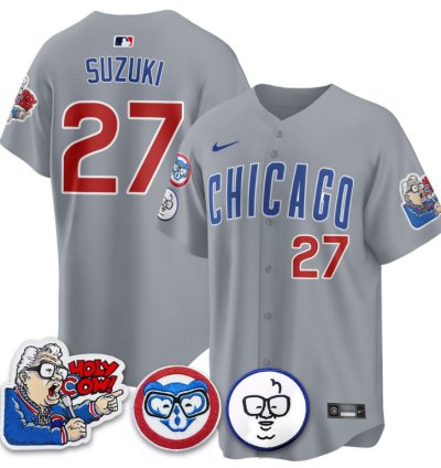 Suzuki Seiya Jersey 27 Chicago Cubs Harry Caray Holy Cow Patch Premier Limited Stitched Gray