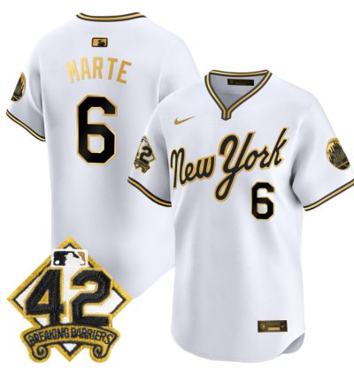 Starling Marte Jersey 6 New York Mets 2025 Jackie Robinson Patch Road Alternate Stitched White Gold