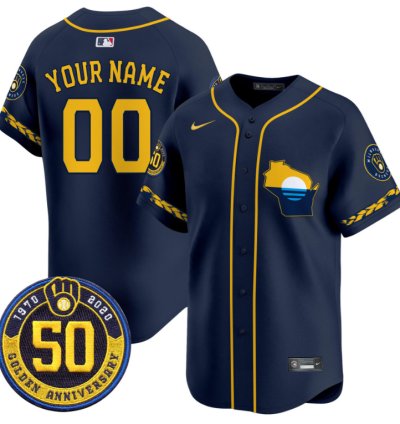 Custom Milwaukee Brewers Jersey Golden 50th Anniversary Patch Premier Limited Stitched Navy