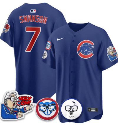 Dansby Swanson Jersey 7 Chicago Cubs Harry Caray Holy Cow Patch Premier Limited Stitched Royal