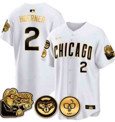 Nico Hoerner Jersey 2 Chicago Cubs Harry Caray Holy Cow Patch Premier Limited Stitched White Gold