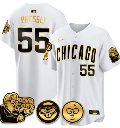 Ryan Pressly Jersey 55 Chicago Cubs Harry Caray Holy Cow Patch Premier Limited Stitched White Gold