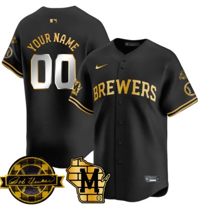 Custom Milwaukee Brewers Jersey Name Number 2025 Limited Bob Uecker Patch Stitched Black Gold