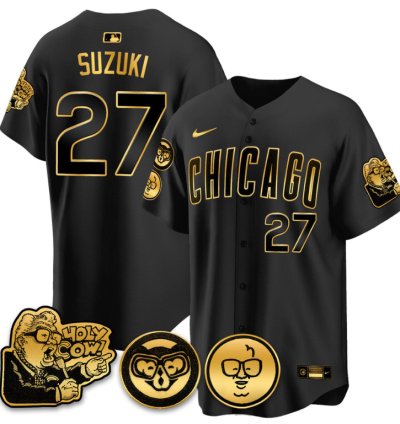 Suzuki Seiya Jersey 27 Chicago Cubs Harry Caray Holy Cow Patch Premier Limited Stitched Black Gold