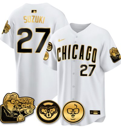 Suzuki Seiya Jersey 27 Chicago Cubs Harry Caray Holy Cow Patch Premier Limited Stitched White Gold