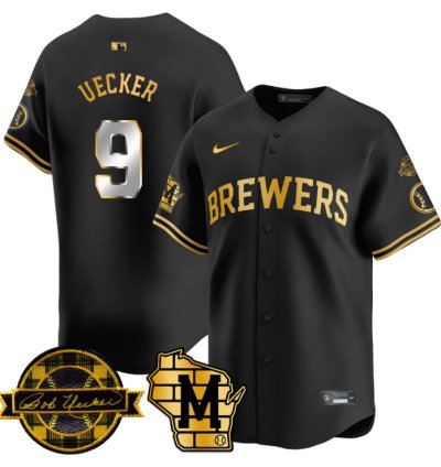 Bob Uecker Jersey 9 Milwaukee Brewers 2025 Limited Bob Uecker Patch Stitched Black Gold