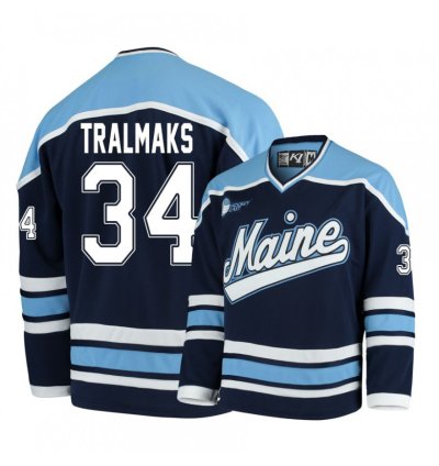 Maine Black Bears 34 Eduards Tralmaks Navy Blue Hockey Jersey