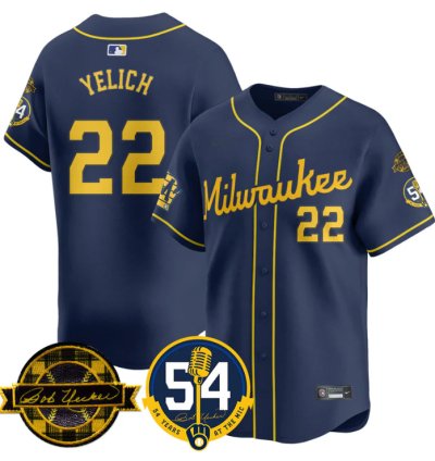 Christian Yelich Jersey 22 Milwaukee Brewers 2025 Bob Uecker 54 Seasons For Brewers Stitched Navy