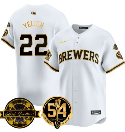 Christian Yelich Jersey 22 Milwaukee Brewers 2025 Bob Uecker 54 Seasons For Brewers Stitched White Gold