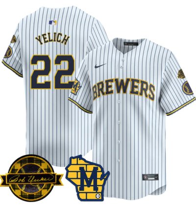 Christian Yelich Jersey 22 Milwaukee Brewers 2025 Limited Bob Uecker Patch Stitched White