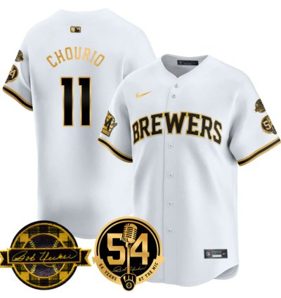Jackson Chourio Jersey 11 Milwaukee Brewers 2025 Bob Uecker 54 Seasons For Brewers Stitched White Gold