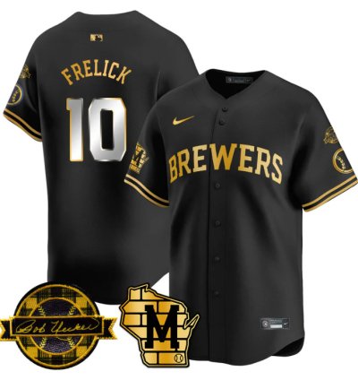 Sal Frelick Jersey 10 Milwaukee Brewers 2025 Limited Bob Uecker Patch Stitched Black Gold