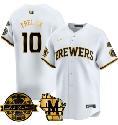 Sal Frelick Jersey 10 Milwaukee Brewers 2025 Limited Bob Uecker Patch Stitched White Gold