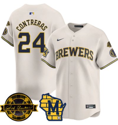 William Contreras Jersey 24 Milwaukee Brewers 2025 Limited Bob Uecker Patch Stitched Cream