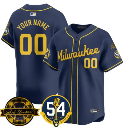 Custom Milwaukee Brewers Jersey 2025 Bob Uecker 54 Seasons For Brewers Stitched Navy