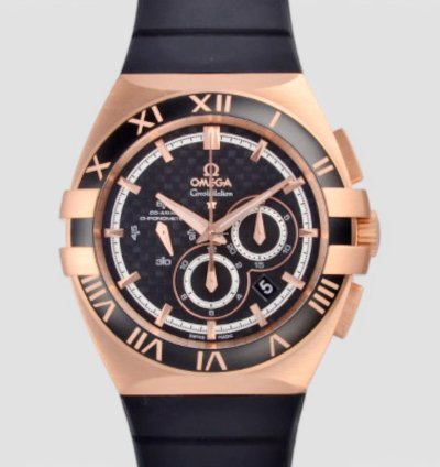 Omega Constellation Double Eagle Black Dial 18kt Rose Gold Black Rubber Automatic Men Watch