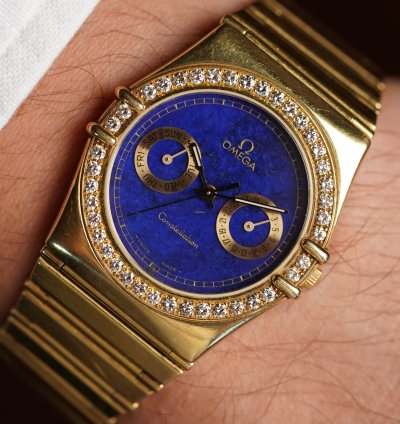 Omega Constellation Lapis Dial Diamond Bezel In 18k Yellow Gold