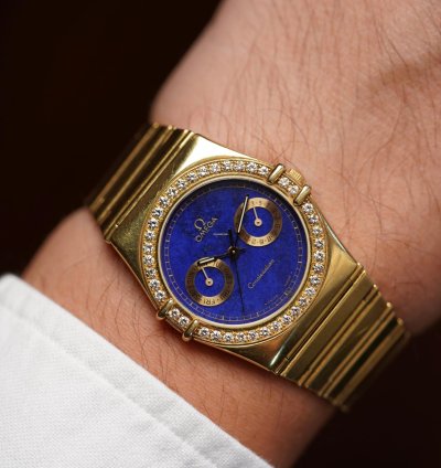 Omega Constellation Lapis Dial Diamond Bezel In 18k Yellow Gold