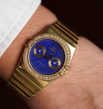 Omega Constellation Lapis Dial Diamond Bezel In 18k Yellow Gold