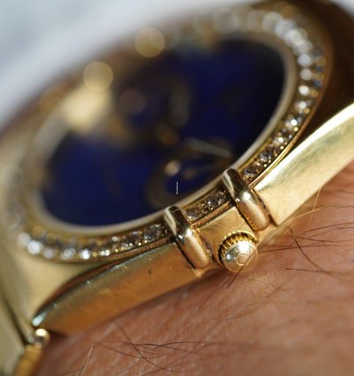 Omega Constellation Lapis Dial Diamond Bezel In 18k Yellow Gold