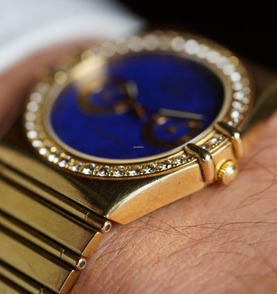 Omega Constellation Lapis Dial Diamond Bezel In 18k Yellow Gold