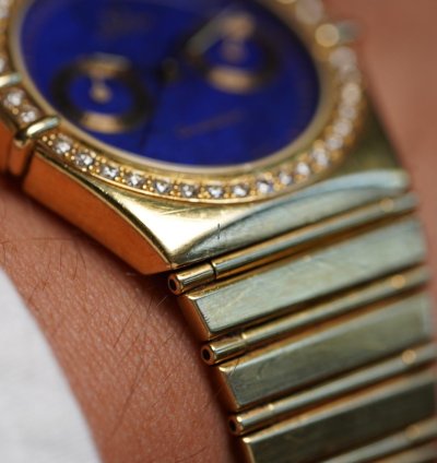 Omega Constellation Lapis Dial Diamond Bezel In 18k Yellow Gold