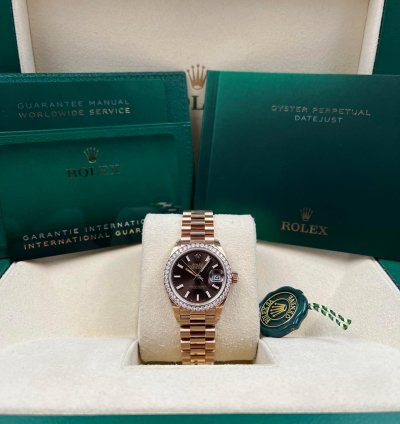 Rolex Lady-datejust 28mm Chocolate Index Dial Diamond Bezel Rose Gold Presidential Unworn 2022