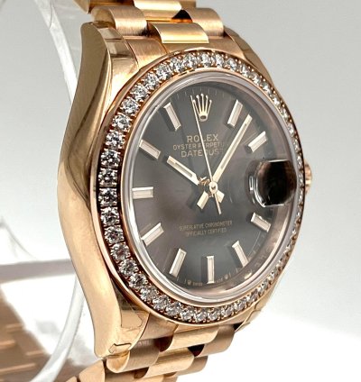 Rolex Lady-datejust 28mm Chocolate Index Dial Diamond Bezel Rose Gold Presidential Unworn 2022