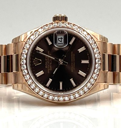 Rolex Lady-datejust 28mm Chocolate Index Dial Diamond Bezel Rose Gold Presidential Unworn 2022