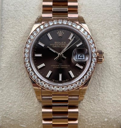 Rolex Lady-datejust 28mm Chocolate Index Dial Diamond Bezel Rose Gold Presidential Unworn 2022