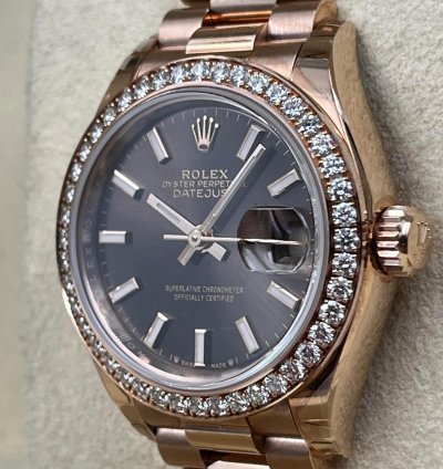 Rolex Lady-datejust 28mm Chocolate Index Dial Diamond Bezel Rose Gold Presidential Unworn 2022
