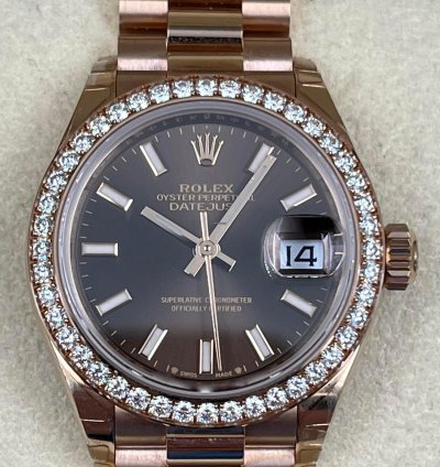 Rolex Lady-datejust 28mm Chocolate Index Dial Diamond Bezel Rose Gold Presidential Unworn 2022