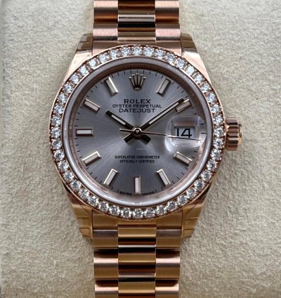 Rolex Lady-datejust 28mm Sundust Index Dial Diamond Bezel Rose Gold Presidential Unworn 2022