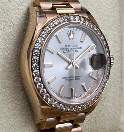 Rolex Lady-datejust 28mm Sundust Index Dial Diamond Bezel Rose Gold Presidential Unworn 2022