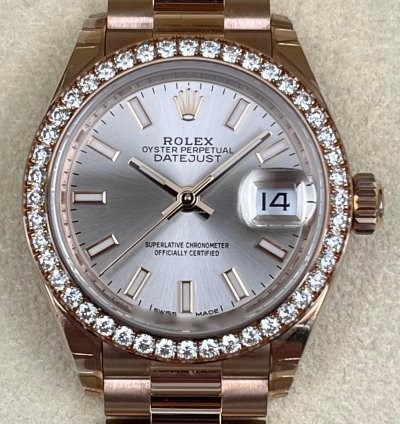 Rolex Lady-datejust 28mm Sundust Index Dial Diamond Bezel Rose Gold Presidential Unworn 2022