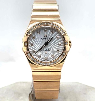 Omega Constellation Quartz 27mm 18k Rosegold Mop Diamond Dial Bezel 123 55 27 60 55 001