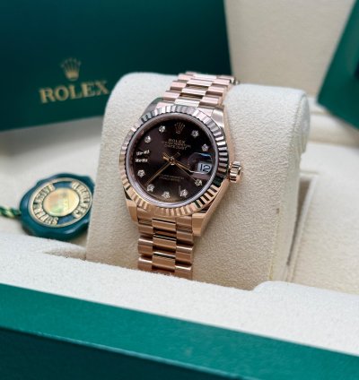 Rolex Lady-datejust New 2025 Chocolate Star Diamond Dial Rose Gold Fluted President