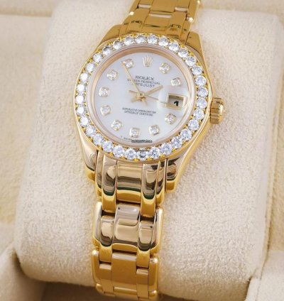 Rolex Lady-datejust Pearlmaster 18k Yellow Gold Mop Dial And Original Diamonds