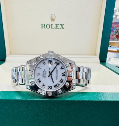 Rolex Lady-datejust Pearlmaster Masterpiece 81319 18k White Gold 34mm Mop Dial 12 Diamond Bezel Unworn