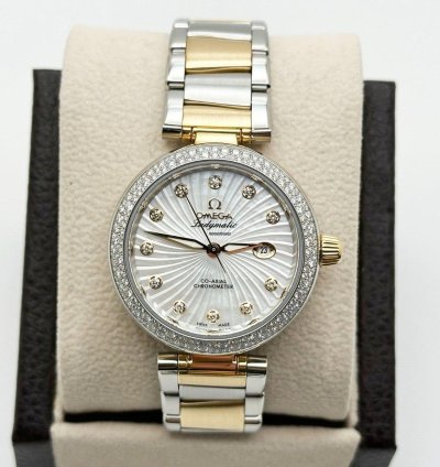 Omega De Ville Ladymatic 425 25 34 20 55 002 Mop Diamonds 18k Yellow Gold Steel
