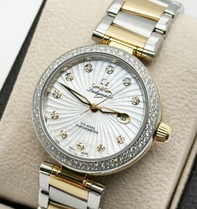 Omega De Ville Ladymatic 425 25 34 20 55 002 Mop Diamonds 18k Yellow Gold Steel