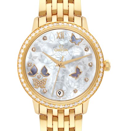 Omega De Ville Prestige Yellow Gold Mother Of Pearl Diamond Ladies Watch 424 55 33 20 55 005 Box Card