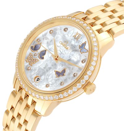 Omega De Ville Prestige Yellow Gold Mother Of Pearl Diamond Ladies Watch 424 55 33 20 55 005 Box Card