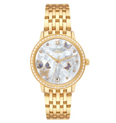 Omega De Ville Prestige Yellow Gold Mother Of Pearl Diamond Ladies Watch 424 55 33 20 55 005 Box Card